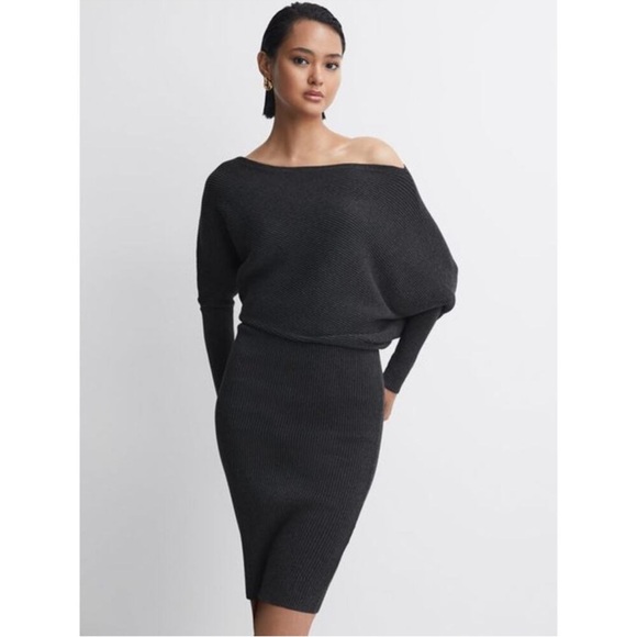 reiss lara draped knitted bodycon dress Reiss Lara Off-Shoulder Stretch-Knit Bodycon Midi Dress - Mink - 44% Off
